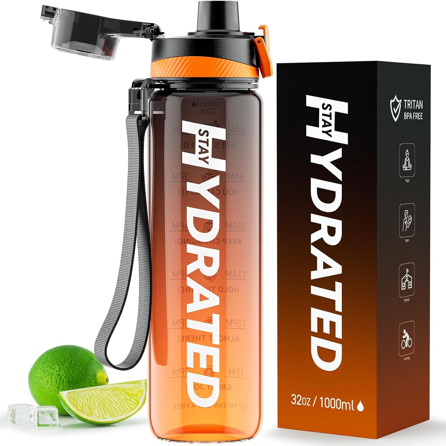 Trinkflasche, 1L Wasserflasche Auslaufsicher Bpa-Frei Aus Tritan, 1 Liter Trinkflasche Sport Mit Zeitmarkierung Und Abnehmbare Schnürung, Flasche Für Fitnessstudio, Oudoor, Gym, Schule