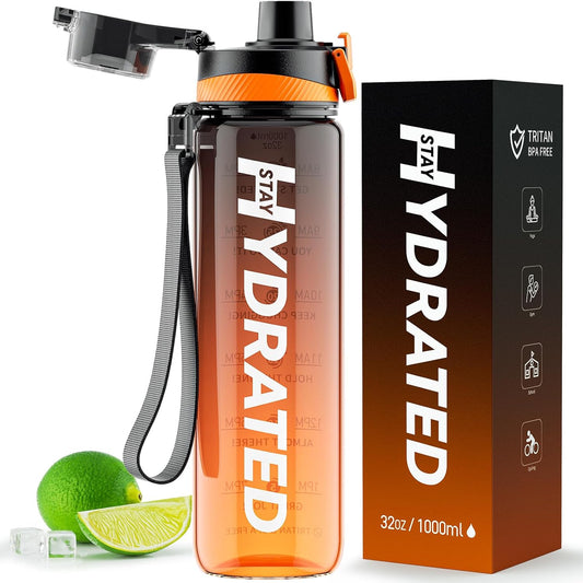 Trinkflasche, 1L Wasserflasche Auslaufsicher Bpa-Frei Aus Tritan, 1 Liter Trinkflasche Sport Mit Zeitmarkierung Und Abnehmbare Schnürung, Flasche Für Fitnessstudio, Oudoor, Gym, Schule