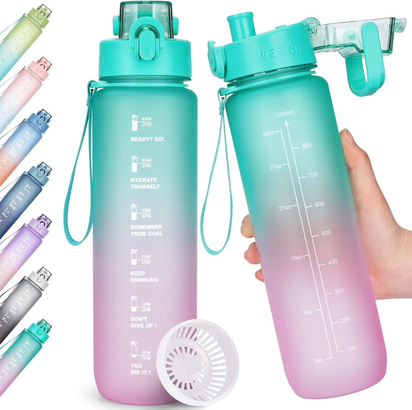 Trinkflasche, 1L Wasserflasche Bpa-Frei, Trinkflasche Sport Auslaufsicher, Sportflasche Mit Zeitmarkierung Für Fitness, Büro, Schule, Yoga, Outdoor