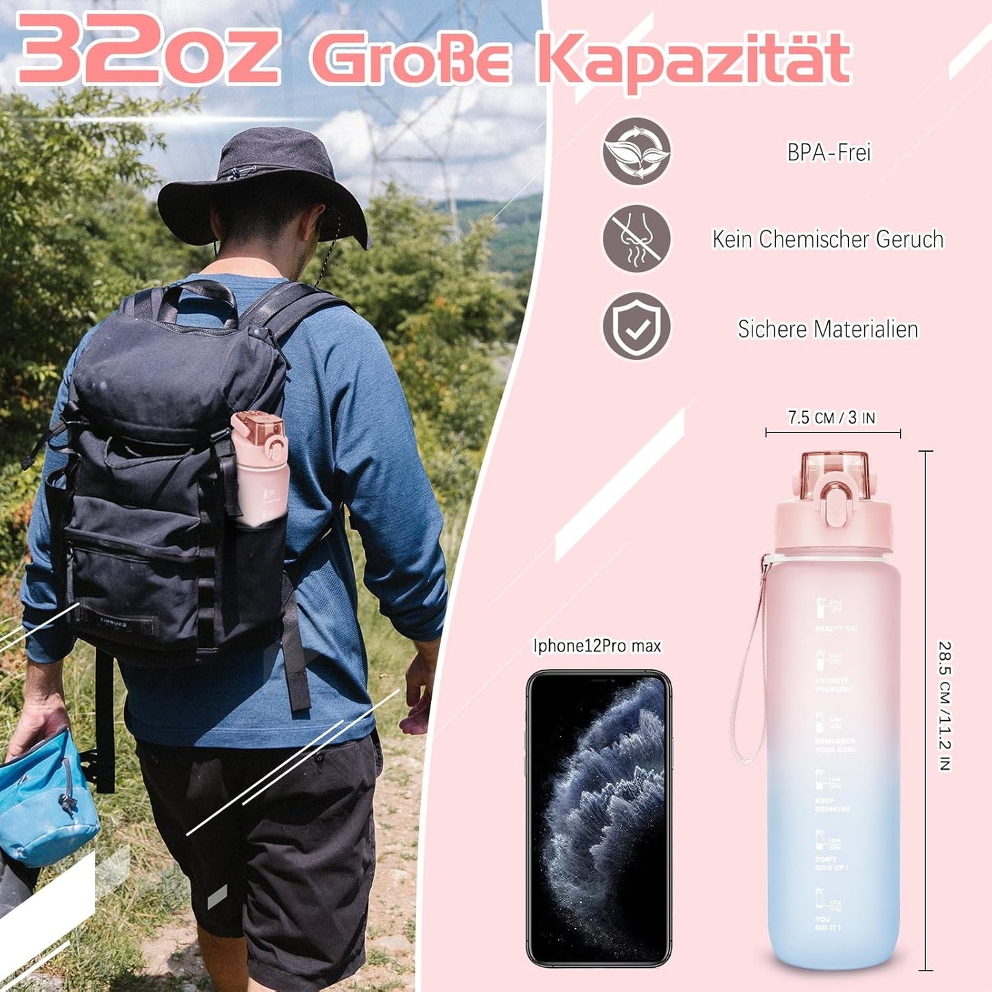 Trinkflasche, 1L Wasserflasche Bpa-Frei, Trinkflasche Sport Auslaufsicher, Sportflasche Mit Zeitmarkierung Für Fitness, Büro, Schule, Yoga, Outdoor