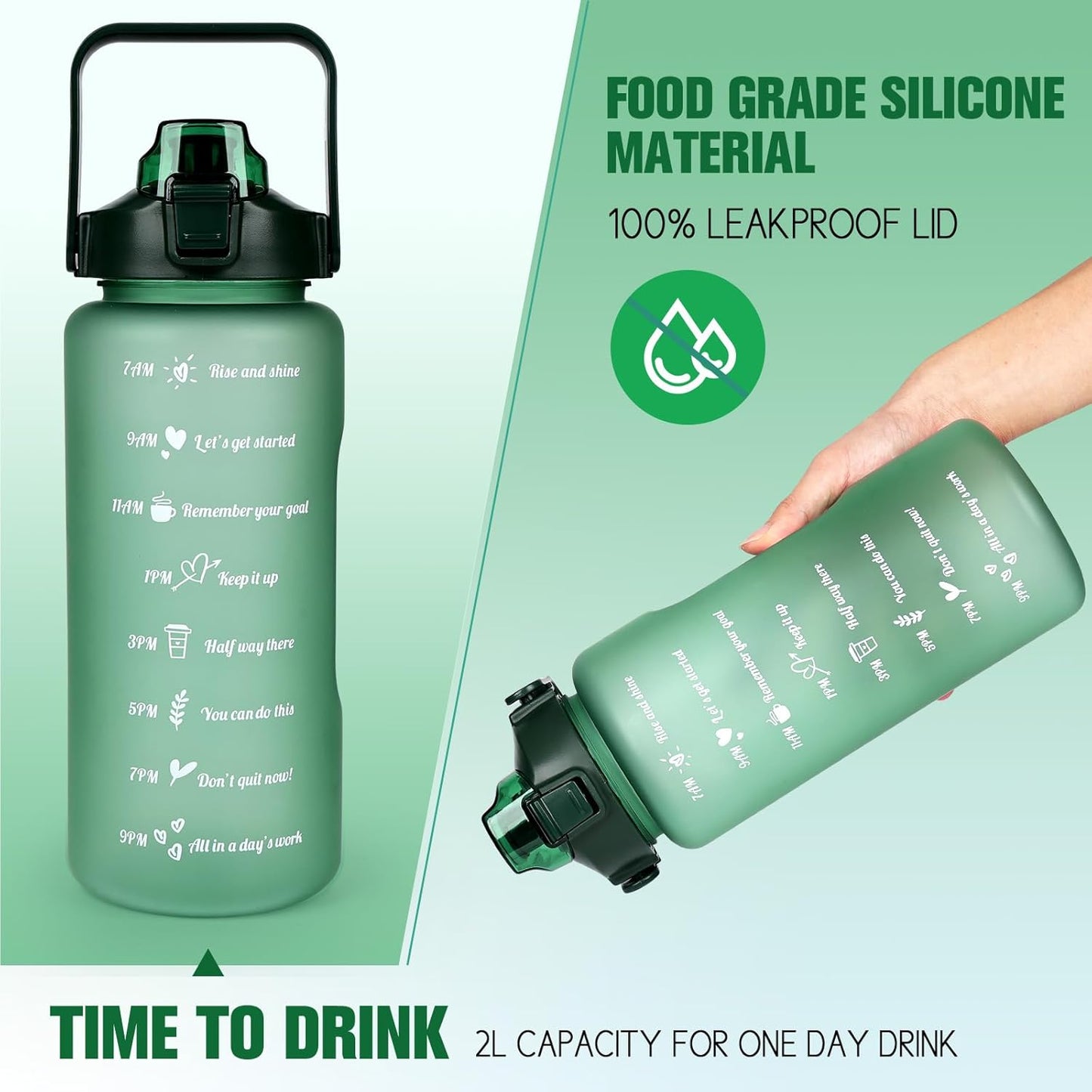 2L Trinkflasche BPA Free Sport Getränke Krug Mit Zeitmarkierung & Lock Abdeckung, 2000Ml Auslaufsichere Motivations Wasserflasche Mit Strohhalm, Tragbarer Griff Rosa Trinkflasche