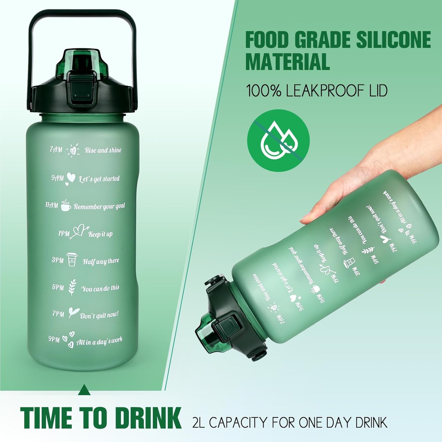 2L Trinkflasche BPA Free Sport Getränke Krug Mit Zeitmarkierung & Lock Abdeckung, 2000Ml Auslaufsichere Motivations Wasserflasche Mit Strohhalm, Tragbarer Griff Rosa Trinkflasche