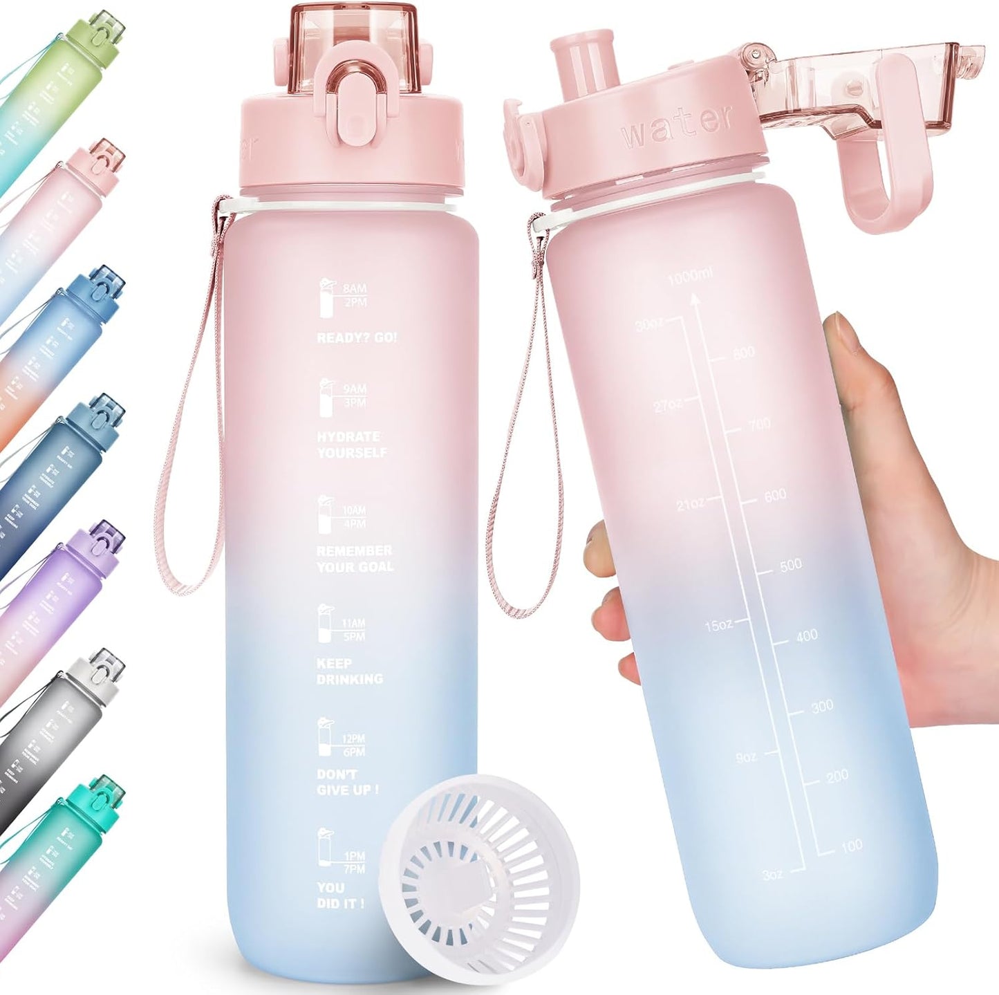 Trinkflasche, 1L Wasserflasche Bpa-Frei, Trinkflasche Sport Auslaufsicher, Sportflasche Mit Zeitmarkierung Für Fitness, Büro, Schule, Yoga, Outdoor