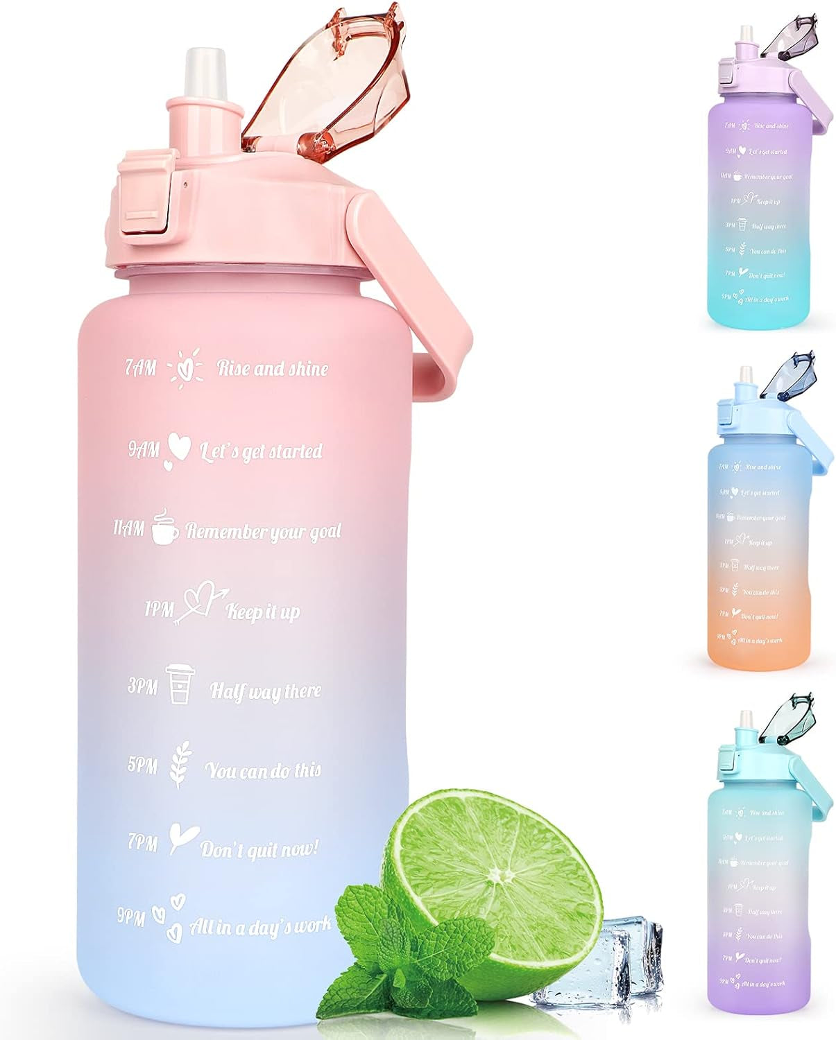 2L Trinkflasche BPA Free Sport Getränke Krug Mit Zeitmarkierung & Lock Abdeckung, 2000Ml Auslaufsichere Motivations Wasserflasche Mit Strohhalm, Tragbarer Griff Rosa Trinkflasche