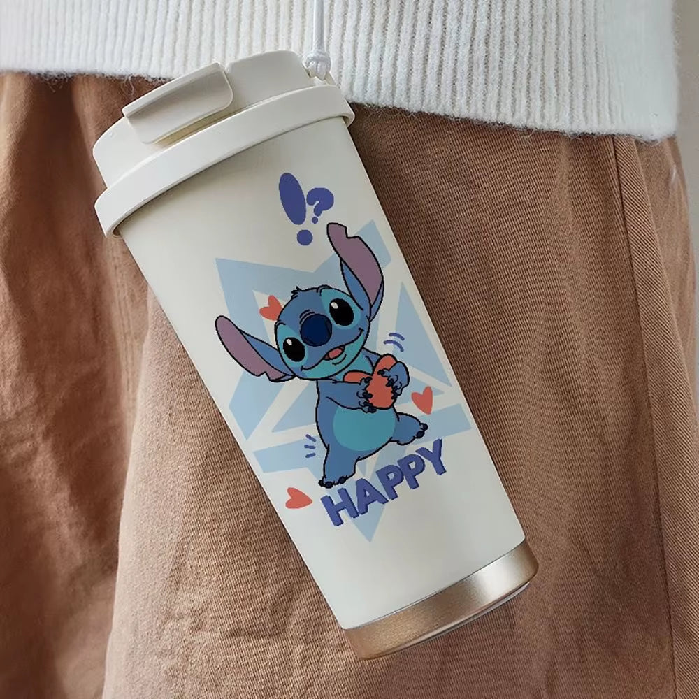 600ML Kawaii Stitch Anime Straw Cup 304 Stainless Cartoon Thermos Cup Portable Double Drinking Water Bottle Gifts for Boys Girls