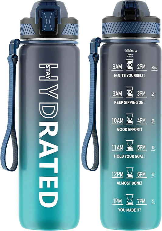 Trinkflasche, 1L Bpa-Frei Tritan Wasserflasche Mit Strohhalm, Trinkflasche Sport Auslaufsicher Mit Zeitmarkierung Und Bürste, Sportflasche Für Fitness, Schule, Yoga, Outdoor(1 Flasche)