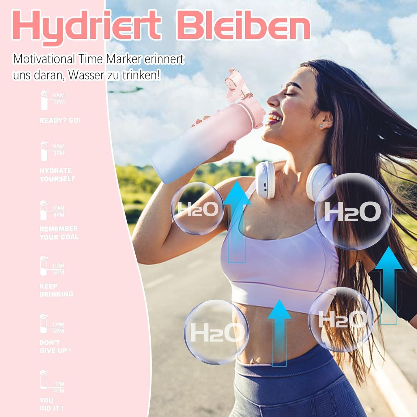 Trinkflasche, 1L Wasserflasche Bpa-Frei, Trinkflasche Sport Auslaufsicher, Sportflasche Mit Zeitmarkierung Für Fitness, Büro, Schule, Yoga, Outdoor