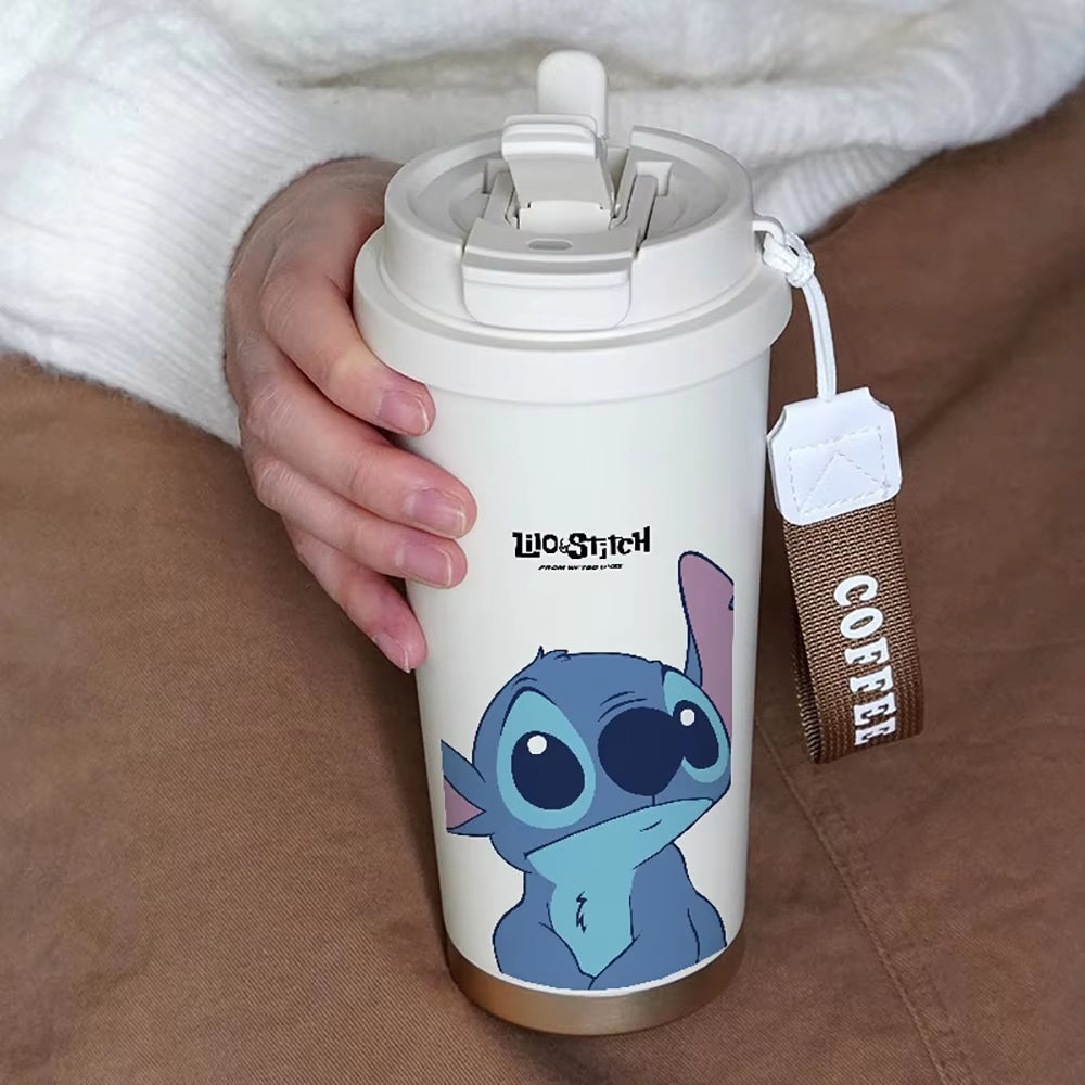 600ML Kawaii Stitch Anime Straw Cup 304 Stainless Cartoon Thermos Cup Portable Double Drinking Water Bottle Gifts for Boys Girls