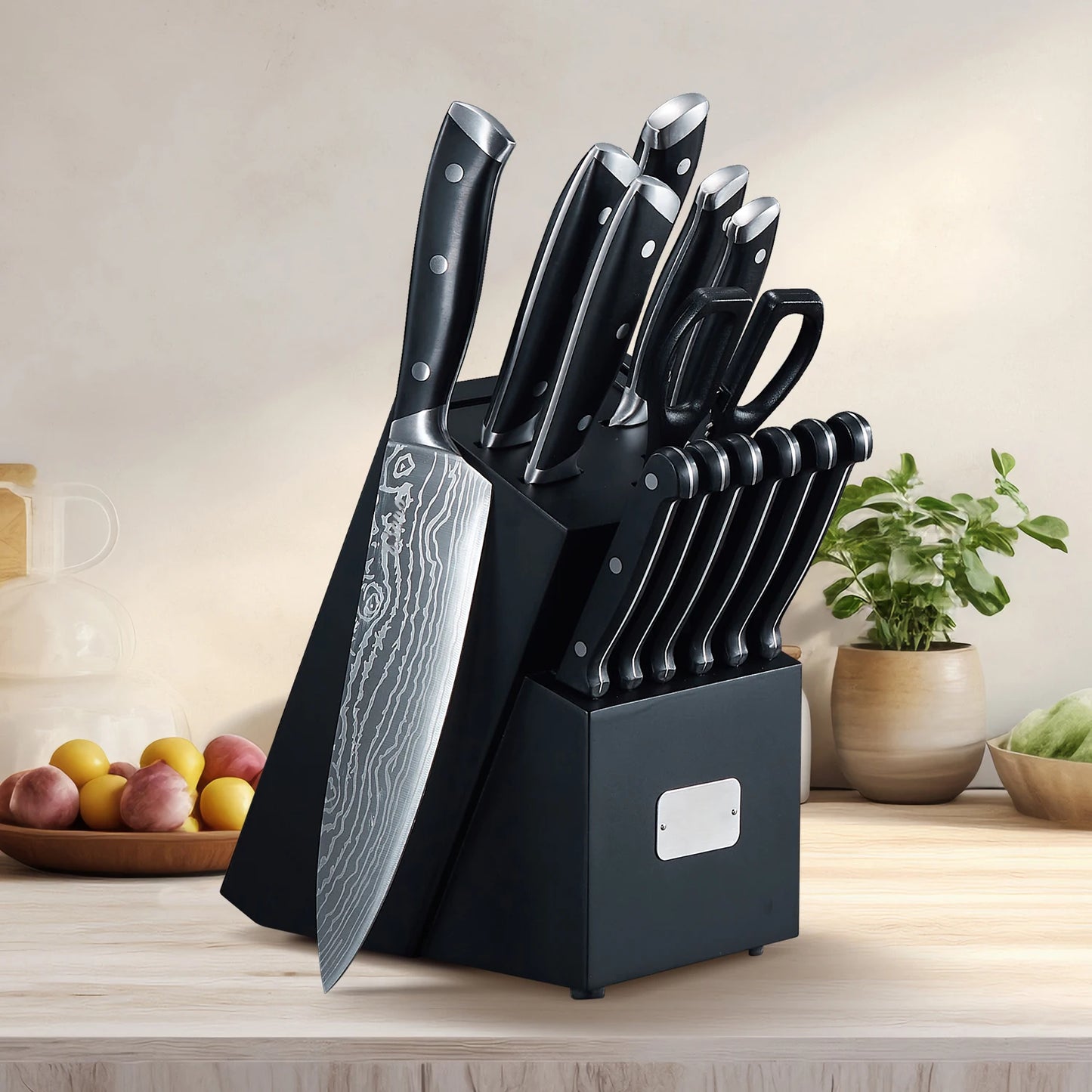 Küchenmesserset Edelstahl mit Akazienholz Messerblock 14-teiliges & integriertem Messerschärfer – Profi-Messer-Set für Küche & Haushalt - Homestro