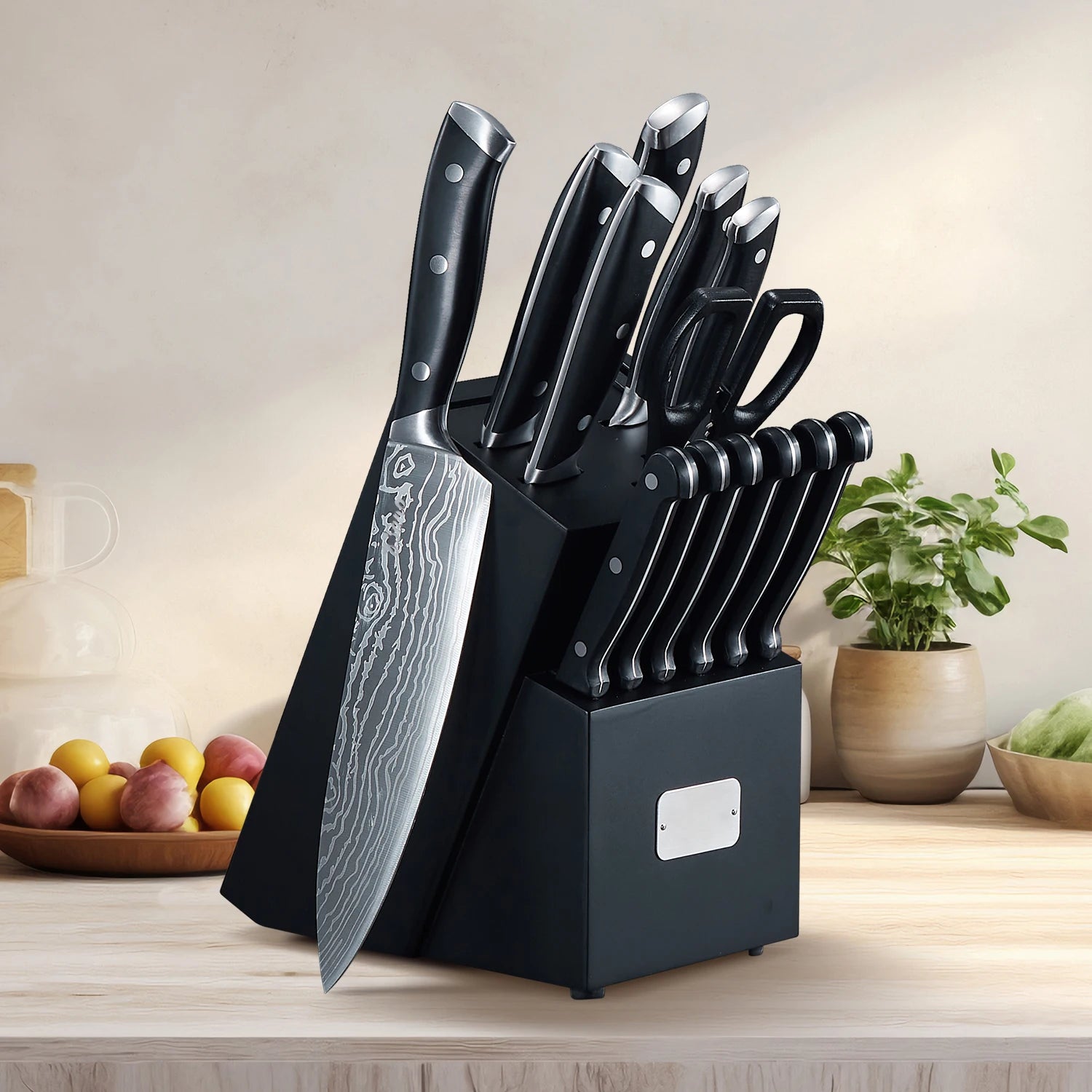Küchenmesserset Edelstahl mit Akazienholz Messerblock 14-teiliges & integriertem Messerschärfer – Profi-Messer-Set für Küche & Haushalt - Homestro