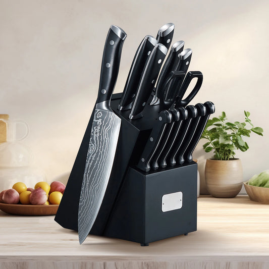 Küchenmesserset Edelstahl mit Akazienholz Messerblock 14-teiliges & integriertem Messerschärfer – Profi-Messer-Set für Küche & Haushalt - Homestro