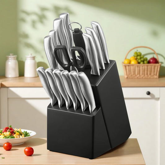 Küchenmesserset Deutscher Edelstahl mit Messerblock 16-teiliges & Profi-Schärfer - Homestro