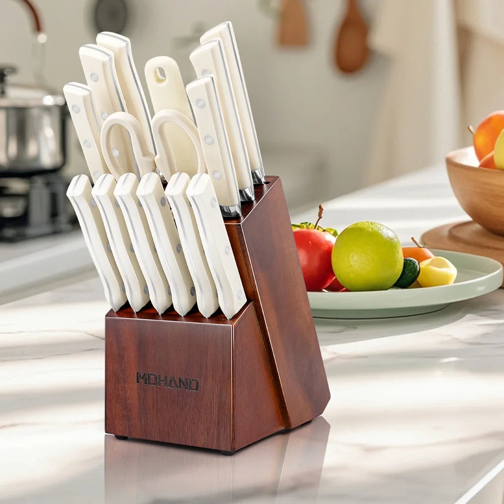 Küchenmesser Block Set 14-teiliges scharfe Klinge aus Edelstahl, elegante weiße Griffe mit rutschfestem, ergonomischem Griff - Homestro