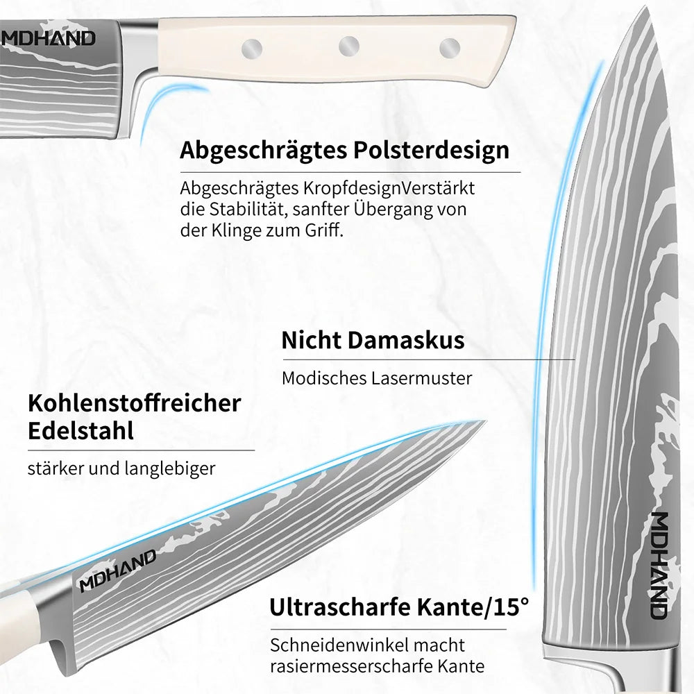 Küchenmesser Block Set 14-teiliges scharfe Klinge aus Edelstahl, elegante weiße Griffe mit rutschfestem, ergonomischem Griff - Homestro
