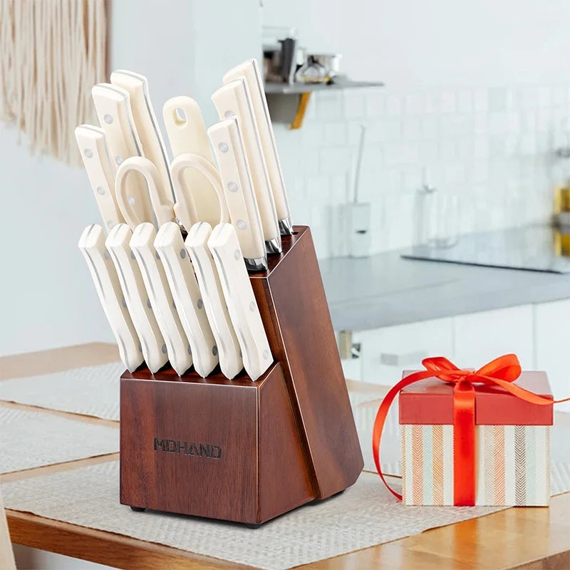 Küchenmesser Block Set 14-teiliges scharfe Klinge aus Edelstahl, elegante weiße Griffe mit rutschfestem, ergonomischem Griff - Homestro